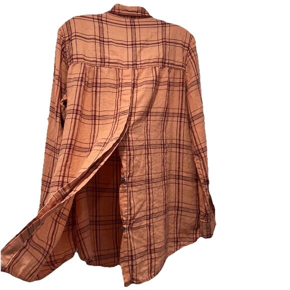 Free People‎ Shirt Womens M Peach 100% Linen Plaid Button Down Coastal Beach - Picture 5 of 7